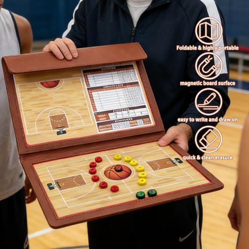 JIANNA Basketball Coach Board 12.6"x9.45" Foldable PU Dry Erase w/Magnets | 2 erasable pens + magnetic player markers