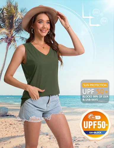 YUCOLEN Women's Tank Tops Loose Fit V Neck Summer UPF 50+ Flowy Curved Hem Basic Casual Sleeveless Tops - color: Armygreen, size: Large