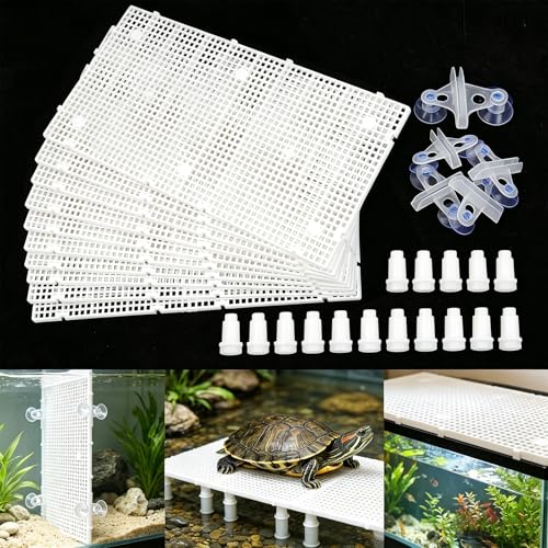 10 Pieces High-Density Aquarium Grid Plastic, Fish Tank Divider with 60 Brackets & 8 Suction Cups, Plastic Egg Crate Grid Panel for DIY Aquarium Lid, Bottom Filtration, Aquascaping Protection, White