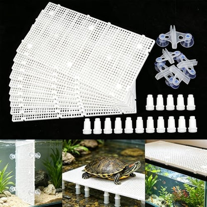 10 Pieces High-Density Aquarium Grid Plastic, Fish Tank Divider with 60 Brackets & 8 Suction Cups, Plastic Egg Crate Grid Panel for DIY Aquarium Lid, Bottom Filtration, Aquascaping Protection, White