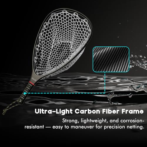 Riverruns Fly Fishing Landing Net Carbon Fiber Trout Net with Measurement Handle, Soft Rubber Mesh - 26" Standard (Wading) / 37" Long (Kayak) - color: 37" Kayak Net (Long) - Black Carbon