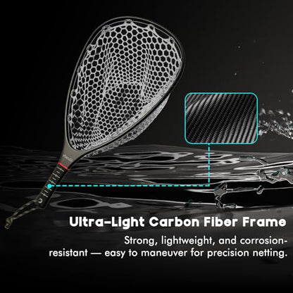 Riverruns Fly Fishing Landing Net Carbon Fiber Trout Net with Measurement Handle, Soft Rubber Mesh - 26" Standard (Wading) / 37" Long (Kayak) - color: 37" Kayak Net (Long) - Black Carbon