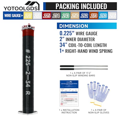 Right Hand Wind（Red Cone）2" Garage Door Torsion Spring with Non-Slip Winding Bars & Gloves, High Precision Electrophoresis Black Coated, for Replacement, MIN 16,000 Cycles (0.225x2''x34'') - size: 0.225X2"X34"-R
