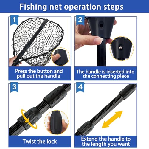 Telescoping Rubber Fishing Net with Handle 64"/46“ Long Silicone Large Fish Landing Net Kayak/Fishpond/Saltwater Extendable Fishing Gear Accessories - color: Black:3-section pole|length:63.7"