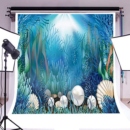 8x8ft Fairytale Undersea Pearl Shell Backdrop Deep Sea Plants Coral Pearl Mussels Underwater Mermaid's Shelter Background for Photography Happy Birthday Party Banner Baby Shower Photo Booth - size: 8x8ft