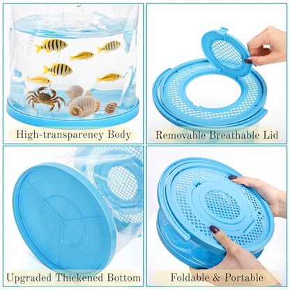 2 Pack Foldable Small Aquarium, Plastic Portable Fish Tank with Lid, Clear Fish Transport Container Fishing Bucket for Catch Release, Beach Travel, Lake, Outdoor, Blue