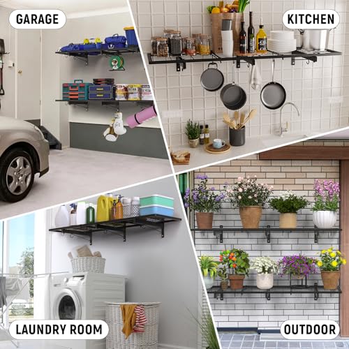2 Pack Garage Wall Shelves, 46"X 12.5" Garage Shelving Wall Mounted, Heavy Duty Shelf Organizer with 8 Hooks, Black Floating Storage Metal Rack 320 LBS Capacity for Laundry Room, Office, Basement - size: A-2 PACK