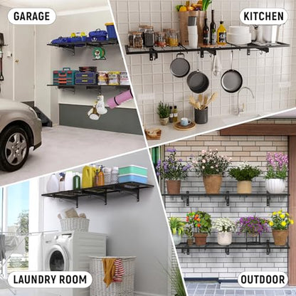 2 Pack Garage Wall Shelves, 46"X 12.5" Garage Shelving Wall Mounted, Heavy Duty Shelf Organizer with 8 Hooks, Black Floating Storage Metal Rack 320 LBS Capacity for Laundry Room, Office, Basement - size: A-2 PACK