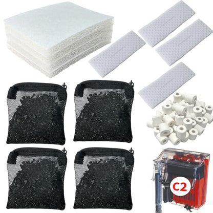 2 Aquarium Filter Media Kits Compatible with Fluval C2 (30 Gal) Aquarium Power Filter, Includes 4 Pack Foam Pads, 4 Pack Tarpaulins, 4 Pack Activated Carbons and 1 Pack Ceramic Ring - size: C2 Series