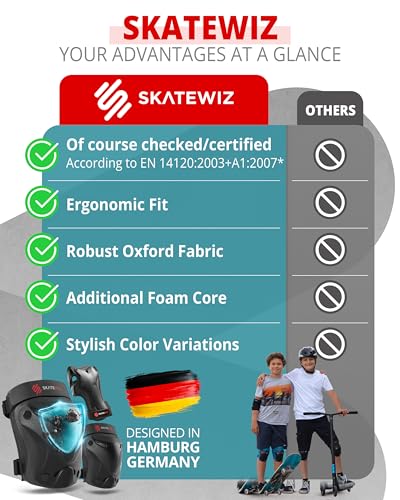 SKATEWIZ Kids and Adult Knee Pads and Elbow Pads Set 6pcs - incl. Carry Bag - color: Black, size: M - Teenager Slim