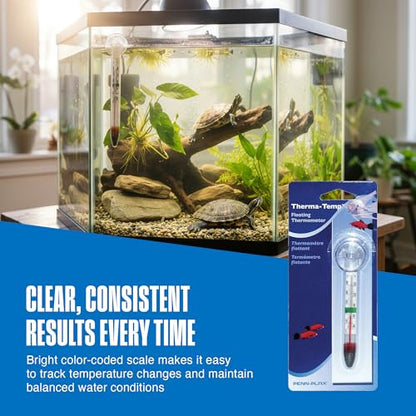Penn-Plax Therma-Temp Floating Aquarium Thermometer - Easy to Read - Temperature Gauge with Optional Suction Cup & Removable Mount - Safe for Freshwater & Saltwater Tanks - Multicolor, 4.25 Inches