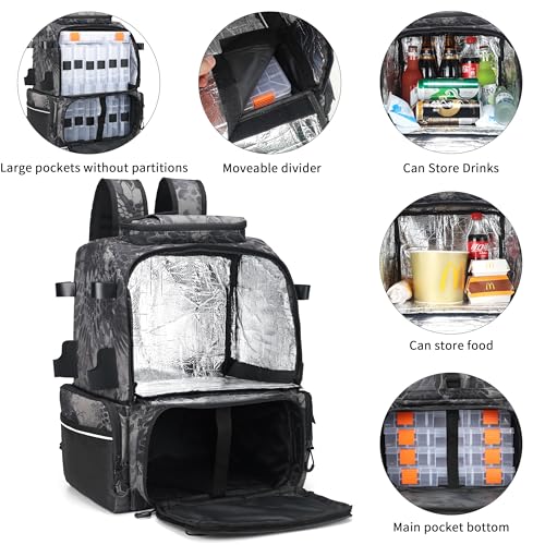 Fishing Tackle Backpack, 45L Storage Waterproof Travel Bag Store Fishing Gear with Insulated Top Pocket