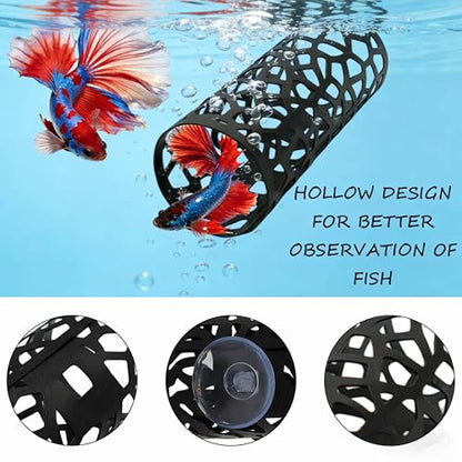 Black Metal Betta Fish Hammock Hideout Cave Aquarium Tunnel with Hollow Pattern, Floating Betta Log Resting Spot, Shrimp Cave Habitat, Betta Fish Tank Accessories, Small Fish Enrichment Toy - color: Fish Hammock - B