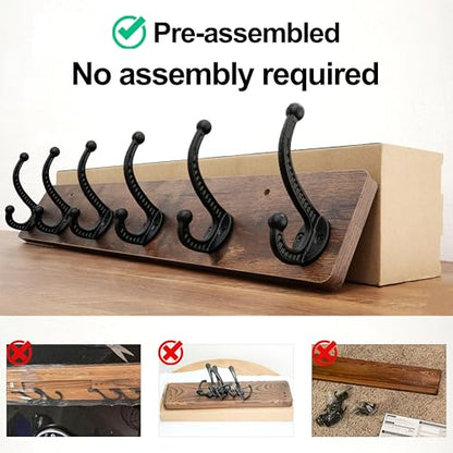 WEBI Rustic Coat Rack Wall Mount,24" Long 6 Cast Iron Coat Hooks Wall Mounted,Heavy Duty Wood Wall Coat Hanger Hooks for Hanging Coats,Jacket,Clothes,Backpack,Farmhouse,Rustic Brown - color: Rustic Brown, size: 24 Inch