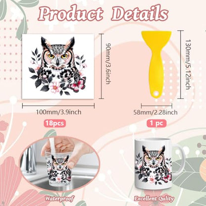 Peacoblue 18 Sheets Rub on Transfers for Crafts, Owl Flowe and Mushroom 3.6"x3.9" UV DTF Cup Wraps Waterproof Rub on Cold Transfers Stickers for Wood Glass Metal Cup Tumblers Mirrors Mugs Home Decor - style: Owl Flowe and Mushroom
