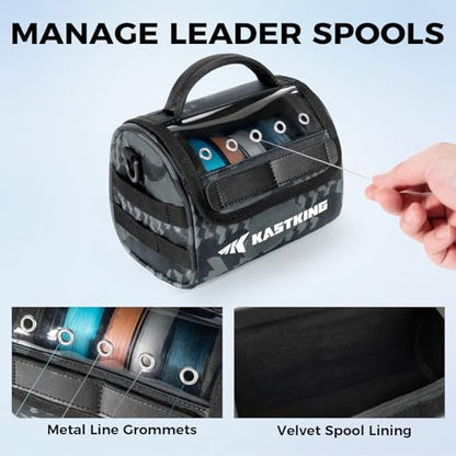 KastKing BaitSpace Line Management Bag, Fishing Line Storage Bag with Water Resistant Nylon, Clear View Window, Removable Divider, Tangle-free Leader Line Holder - color: A: Black Camo-Medium