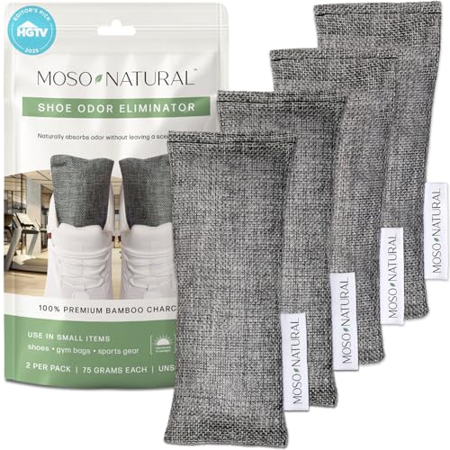 Moso Natural Shoe Deodorizer Inserts (2 Pack) Charcoal Odor Absorber for Shoes, Gym Bag & Boot Deodorizer, Unscented Shoe Odor Elimination, Air Purifying Bags, Lasts 2 Years (4 Bags) - style: 2 Pack (4 Bags)