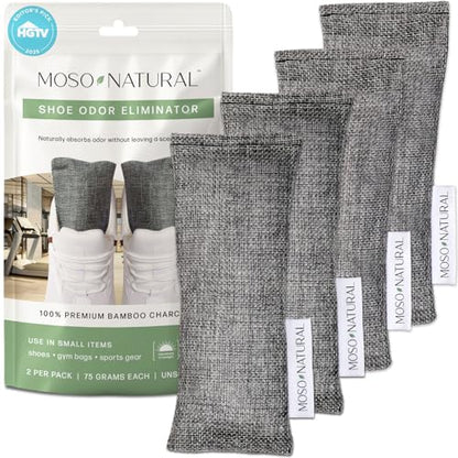 Moso Natural Shoe Deodorizer Inserts (2 Pack) Charcoal Odor Absorber for Shoes, Gym Bag & Boot Deodorizer, Unscented Shoe Odor Elimination, Air Purifying Bags, Lasts 2 Years (4 Bags) - style: 2 Pack (4 Bags)