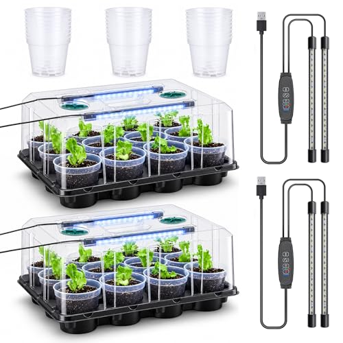 4 Inch Seed Starter Trays 2 Pack, 12-Cell | With Grow Light, Humidity Dome, 24 Pcs 4" Nursery Pots, Plastic Germination Kit - size: 4 Inch, style: 2 Pack Tray+Pots+Dome+Grow Light