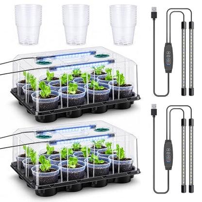 4 Inch Seed Starter Trays 2 Pack, 12-Cell | With Grow Light, Humidity Dome, 24 Pcs 4" Nursery Pots, Plastic Germination Kit - size: 4 Inch, style: 2 Pack Tray+Pots+Dome+Grow Light