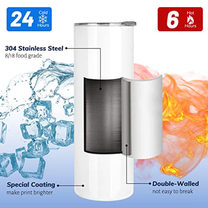 Joyclub 25 Pack 20 oz Sublimation Tumblers Bulk Sublimation Blanks for Heat Transfer Double Wall Insulated Straight SkinnyTumbler with Individually Gift Box and Shrink Wrap Film - color: White 25 Pack