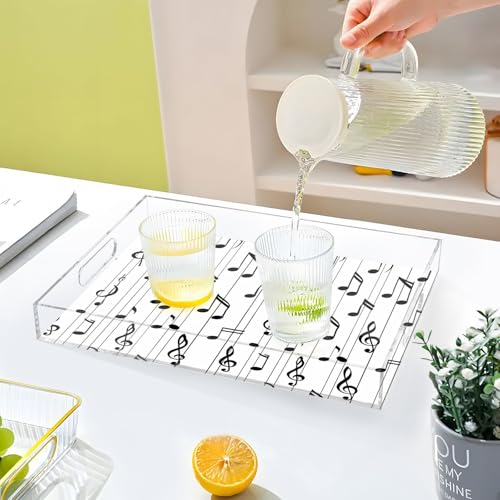 Acrylic Tray Clear Serving Vanity Ottoman Bathroom Coffee Table Countertop Organizer Raised Edge Spill Proof White Black Music Lines - color: White Black Music Lines
