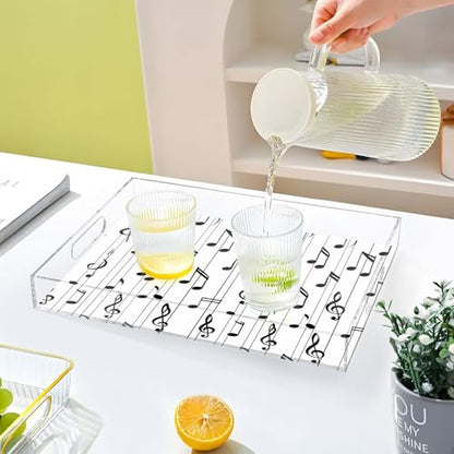 Acrylic Tray Clear Serving Vanity Ottoman Bathroom Coffee Table Countertop Organizer Raised Edge Spill Proof White Black Music Lines - color: White Black Music Lines