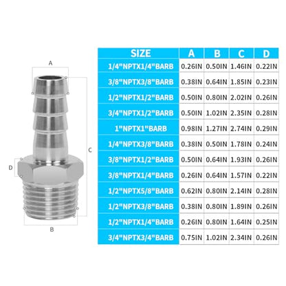 ChillWaves 304 Stainless Steel Air Hose Fittings, Hose Barb Fittings 3/8" Barb x 3/8" NPT Male Thread Adapter with Hose Clamp(3-PACK)