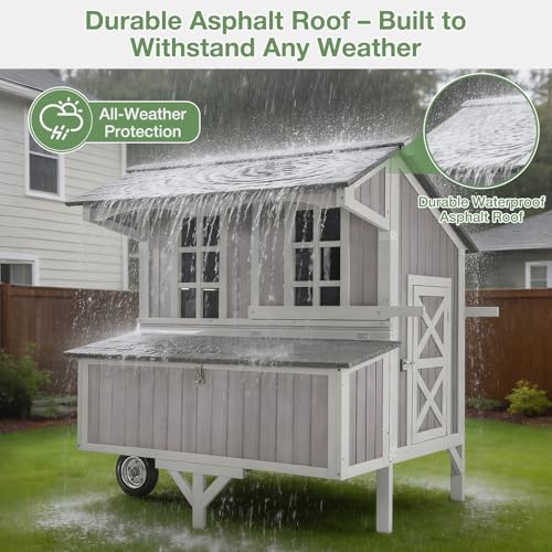 Large Chicken Coop with Wheels for 4-6 Chickens, Mobile Outdoor Chicken House with 3 Nesting Boxes & Roosts, Heavy Duty Reinforced Frame, Waterproof Roof, Pull-Out Tray, Wooden Poultry Cage