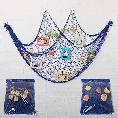 Fish Net Decorations for Party, Natural Cotton Hawaiian Party Large Fishing Net Decorative 78 x 59 Inch, Nautical Themed Cotton Fishnet with 9 Shells for Birthday Wedding Ocean Beach Decor