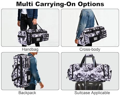 LHI 50L Tactical Duffle Bag for Men, 3-in-1 Gym Duffle and Backpack, Shoe Compartment, Laptop Sleeve and MOLLE, Carry-On Travel Weekender and Overnight Bag – Black and White - color: Black and White