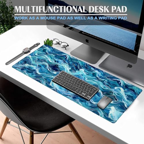 Abstract Ocean Wave Gaming Mouse Pad, Large Office Desk Mat, Anti-Slip Rubber Base Mousepad for Computer Laptop Keyboard, Smooth Desk Pad for Home Office Gamer Work Accessories 31.5" x 11.8"