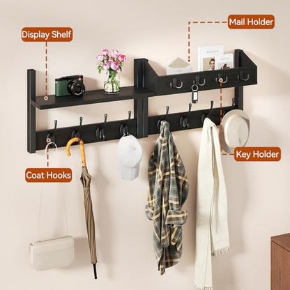 YMYNY 31.5" Coat and Key Rack Wall Mount with Shelf, Black, HWS007B-2 | 4-in-1 Coat and Key Hanger with 12 Metal Hooks, Entryway Wall Shelf with Hooks & Mail Holder for Living Room, Bedroom - color: Black, size: 31.5" - 4-in-1