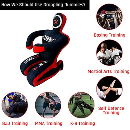DALLX MMA Grappling Dummy BBJ Wrestling Brazilian Jiu Jitsu Punching Bag Judo Karate Throwing Boxing Fighting Dummy Self Defense Sitting Position – UNFILLED - color: BLACK RED, size: 4FT