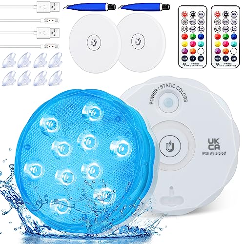 Rechargeable Submersible LED Lights with Remote, USB Color Changing Aquarium Lights with Magnet Suction Cups, Waterproof Underwater Pool Lights for Inground Pool Shower Hot Tub Accessories, 2Packs