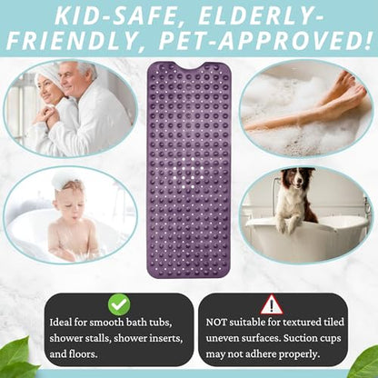 Bath Mat – 40 x 16 Inch Long Non-Slip Bathtub & Shower Mat with Suction Cups – Large PVC Bathroom Mat with Drain Holes for Tub & Shower (Bath - 40x16 Purple) - color: Purple