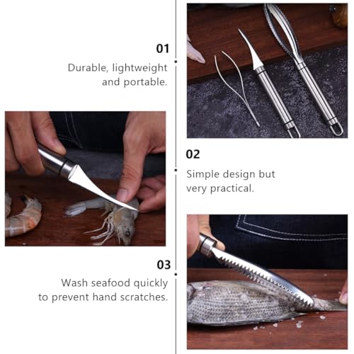 SOLUSTRE Fish Scale Remover and Fishbone Tweezer Set, Stainless Steel Seafood Scraper with Shrimp Deveiner, Kitchen Tool Kit for Cooking and Cleaning, 3pcs White Box Set