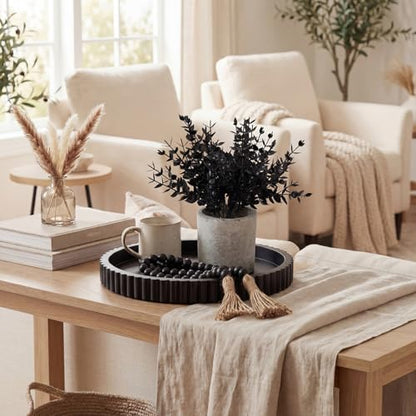 Novabright 3 Pcs Coffee Table Decoration Set Round Wooden Tray a Decorative Beaded Small Black Artificial Eucalyptus Planter for Farmhouses Home Decor