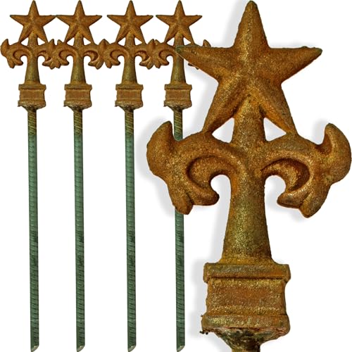 Texas Star Garden Hose Stake Guides, Set of 4 with Spiked Rebar Stakes Texan Steel Star Rusted Patina Finish