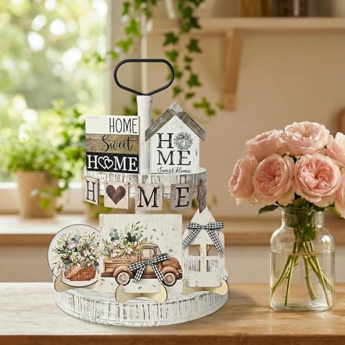 Smile 9pcs Indoor Wooden Decor, Truck Floral Home Sweet Home Rustic Farmhouse Tiered Tray Set Home Decor for Kitchens (Without Trays) - style: Retro