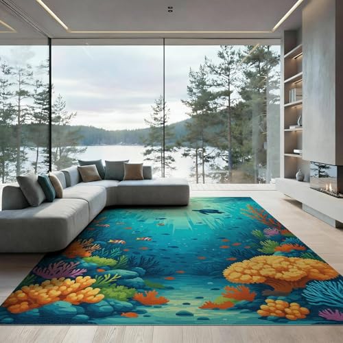 9'x12' Washable Graphic Fish Oversized Rug, Yellow Non-Shedding Pet Friendly Carpet Foldable Easy Care Mat for Master Suite, California King, Under Bed | Ref:2062125 - color: Blue/Pattern 28, size: 9' x 12' (Rectangular)