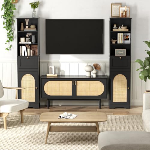 FiveWillowise 67"H Bathroom Storage Cabinet with Rattan Doors and Slide Storage, Tall Narrow Standing Tower Cabinet with Adjustable Shelves, Small Bathroom Floor Organizer for Entryway, Kitchen, Black
