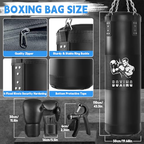 Punching Bag for Adults, 4FT Hanging Heavy Boxing Bag Set with Boxing Gloves for MMA Karate Kickboxing Muay Thai Training at Home Gym - Unfilled