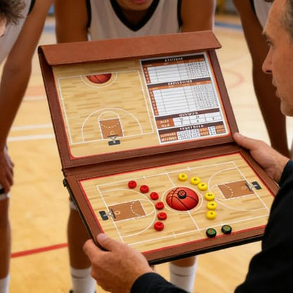 JIANNA Basketball Coach Board 12.6"x9.45" Foldable PU Dry Erase w/Magnets | 2 erasable pens + magnetic player markers