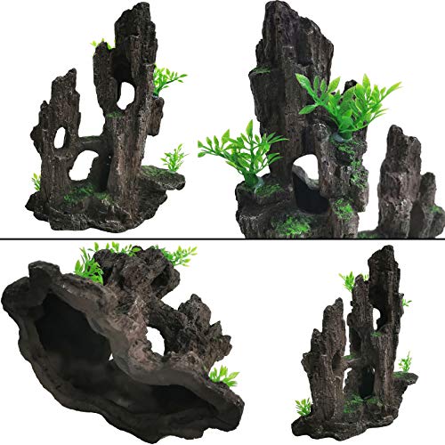 Aquarium Mountain View Stone Resin Fish Tank Decoration Betta Hideout Caves Rockery Landscape Tree Rock Hiding Cave Decor for Small Fish Shrimp Play Ornament