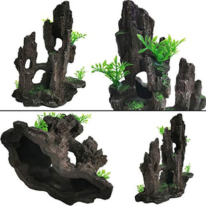Aquarium Mountain View Stone Resin Fish Tank Decoration Betta Hideout Caves Rockery Landscape Tree Rock Hiding Cave Decor for Small Fish Shrimp Play Ornament