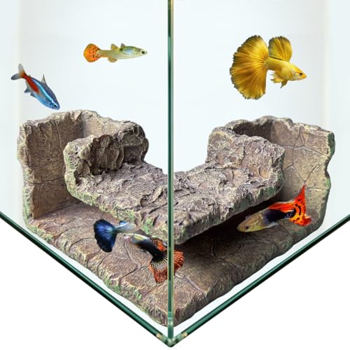 Fish Tank Decorations, 5.1" x 2" x 2.7" Resin Rock Wall Dual-Hole Aquarium Cave, Perfect Hiding Spot for Guppies, Neon Tetra, Cherry Shrimp - color: Rock