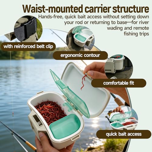 Waist Bait Container – Portable Live Bait Storage Box with Belt Clip, Divided Flip-Top Design for Worms & Shrimp, Ideal for Kayaking, Wading, and Fishing Trips