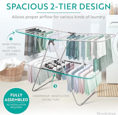 Brookstone 2 Tier Folding Rack - Indoor/Outdoor Collapsible Clothes Dryer Stand Laundry or Shoe Rack, Heavy Duty Freestanding Garment Hanger, Foldable, Clothing Drying Rack, White - color: White