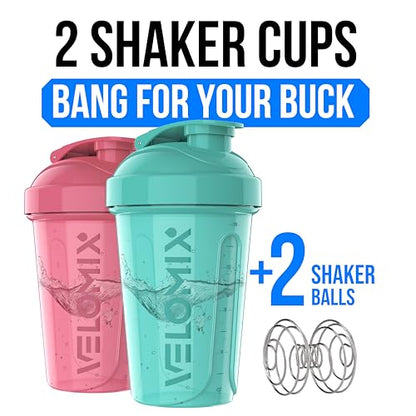 VELOMIX 2 Pack 20oz Protein Shaker Bottle for Protein Mixes, Pink/Turquoise - color: A4) Pink / Turquoise